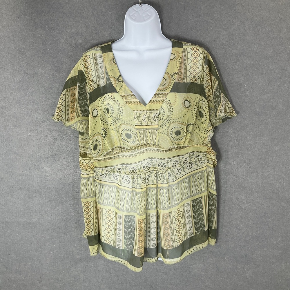Faded Glory Top Sheer Geometric‎ Babydoll Print V Neck Short Sleeve Plus Sz 16W